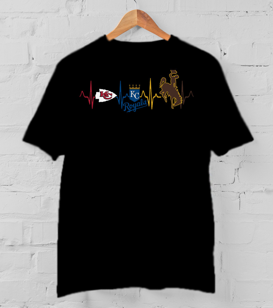 Kansas City Chiefs And Royals Heartbeat With Wyoming Cowboys T-Shirt