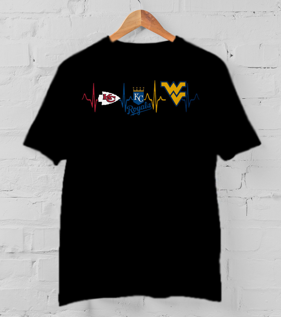 Kansas City Chiefs Royals Wvu Mountaineers Heartbeat Logos T-Shirt