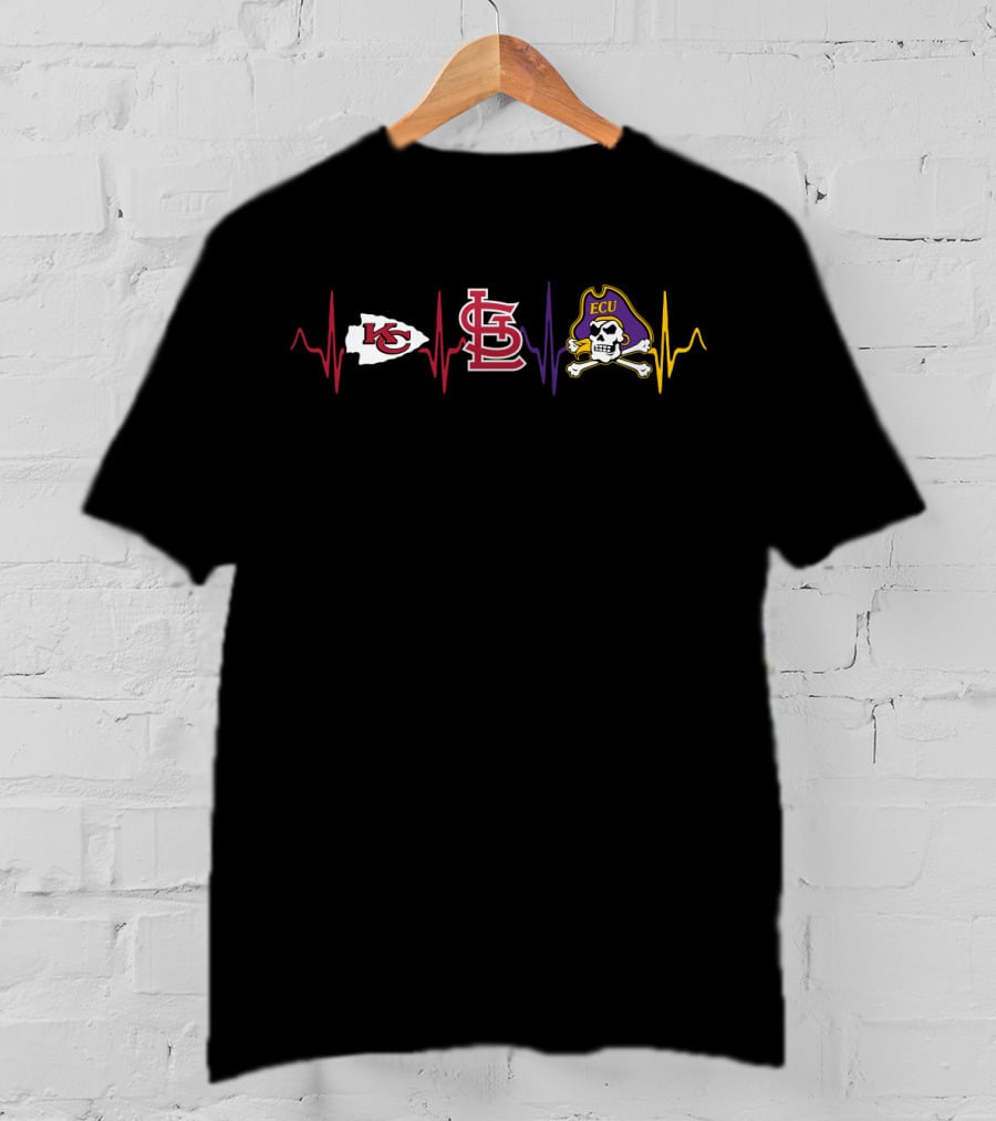 Kansas City Chiefs Saint Louis Cardinals Ecu Pirates Heartbeat Ekg T-Shirt
