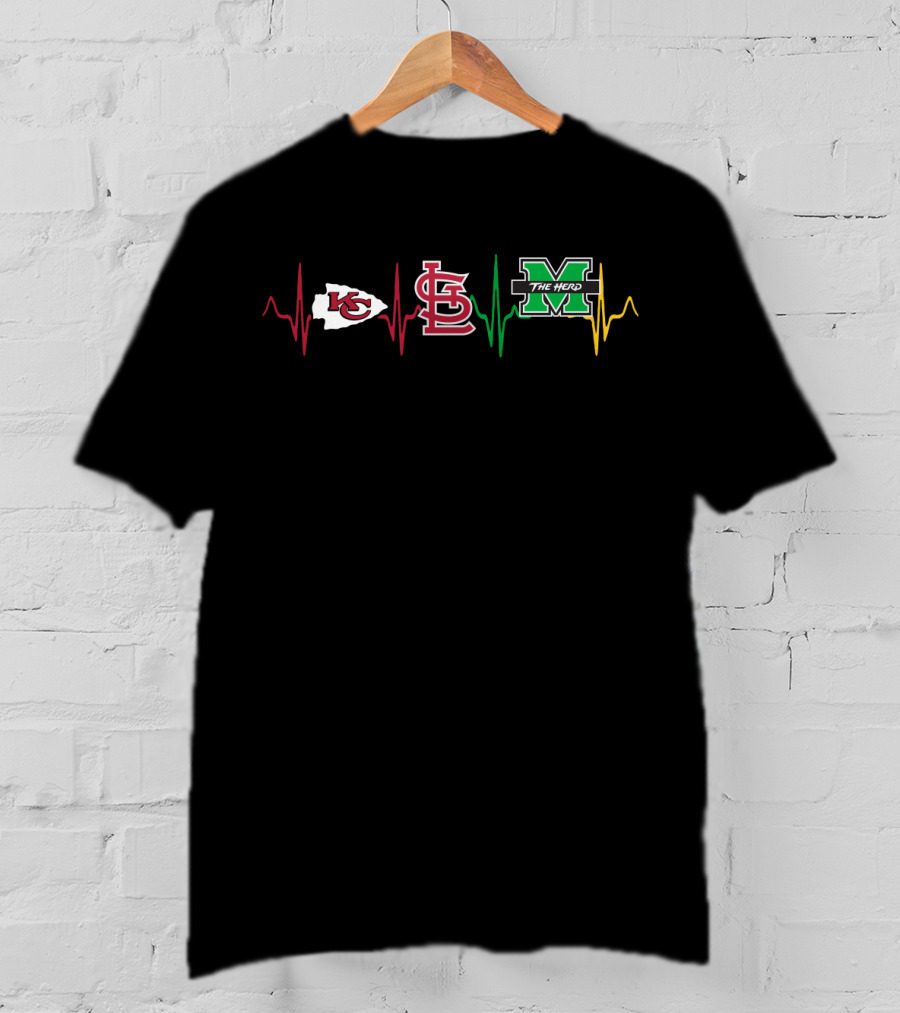 Kansas City Chiefs And St. Louis Cardinals With Marshall Thundering Herd Heartbeat T-Shirt