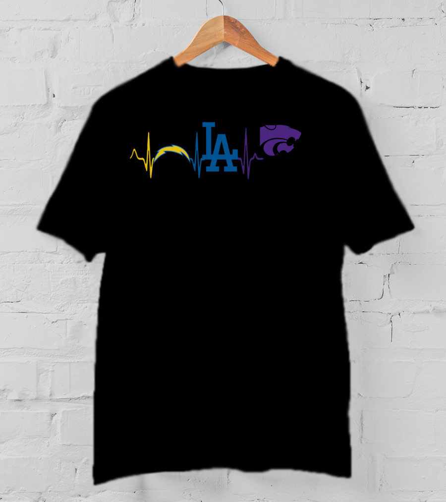 Love Chargers Dodgers Kansas State Wildcats Logos With Heartbeat T-Shirt