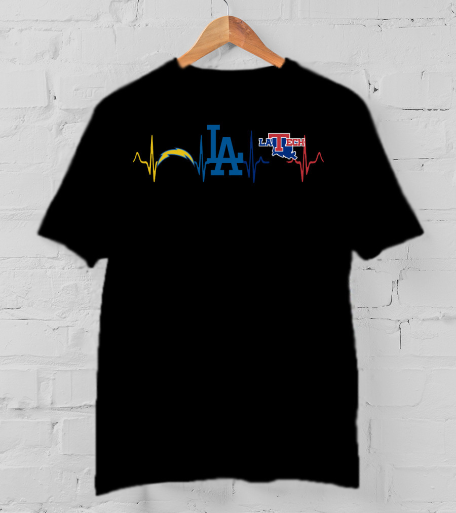 Love Chargers Dodgers La Tech Logos With Heartbeat Lines T-Shirt