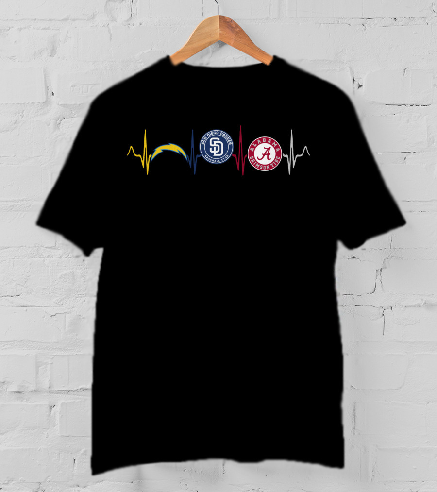 Love Chargers San Diego Padres Alabama Crimson Tide Heartbeat T-Shirt