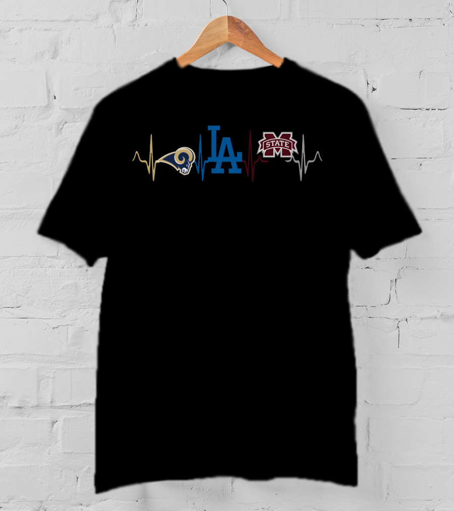 Love Los Angeles Rams La Dodgers Mississippi State Bulldogs Heartbeat T-Shirt