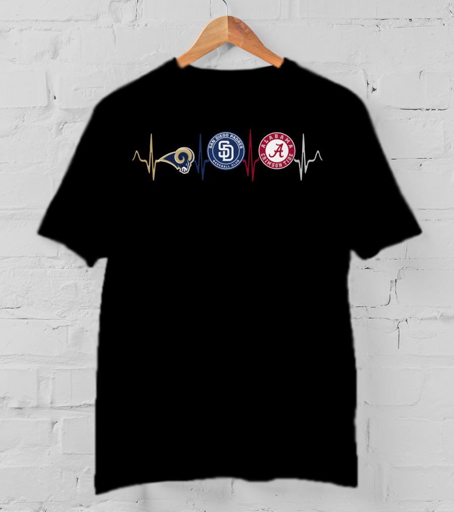 Love Rams San Diego Padres Alabama Crimson Tide Heartbeat T-Shirt