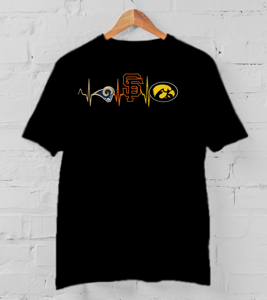 Love Rams Giants Iowa Hawkeyes Fan Heartbeat T-Shirt