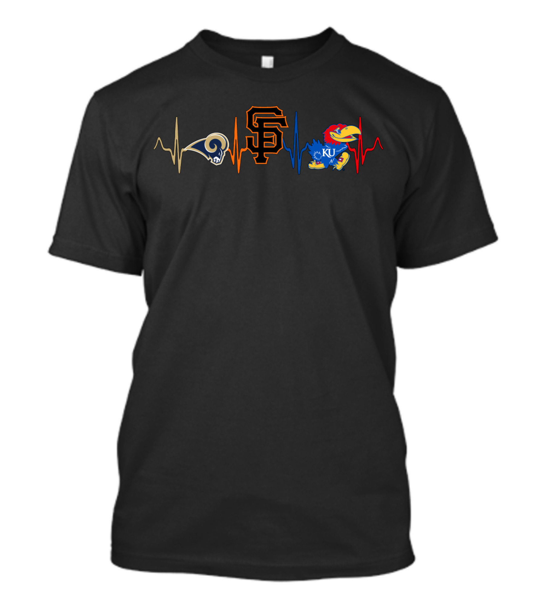 Love Rams Giants Ku Jayhawks Sports Heartbeat T-Shirt