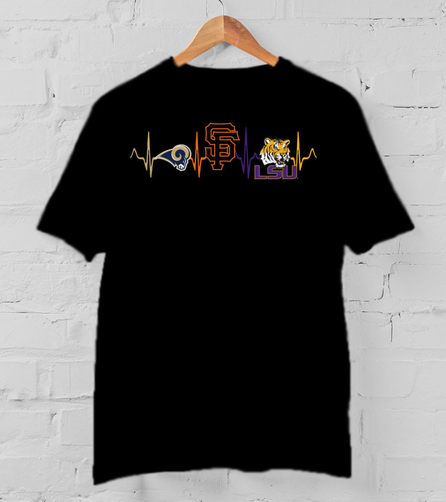 Love Rams Giants Lsu Tigers Heartbeat T-Shirt