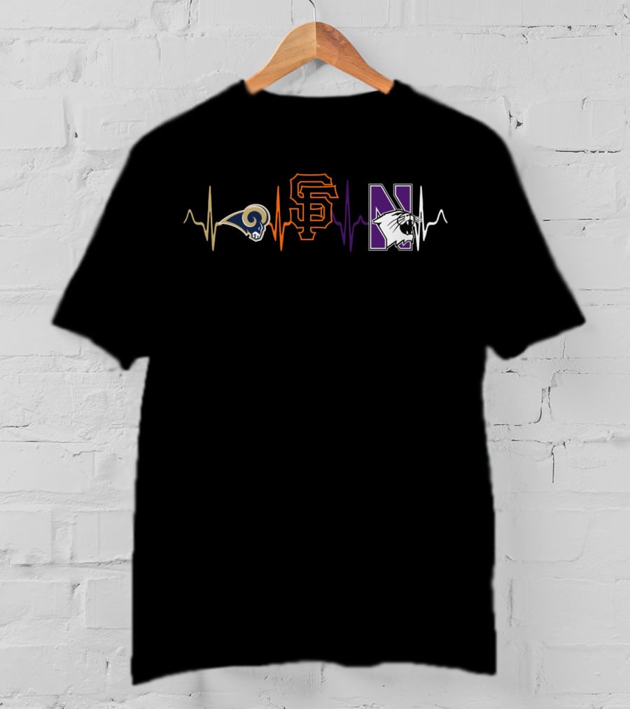 Love Rams Giants Northwestern Wildcats Heartbeat T-Shirt
