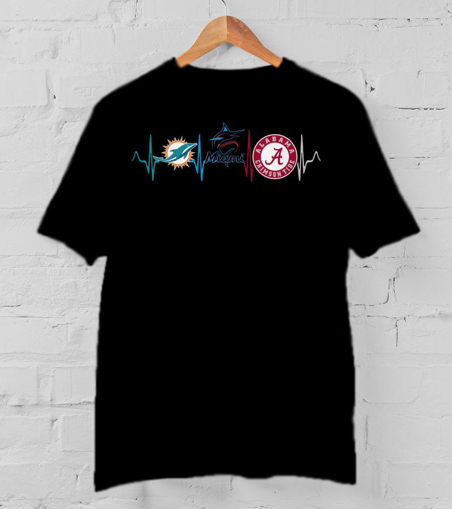 Miami Dolphins Miami Marlins Alabama Crimson Tide Heartbeat T-Shirt