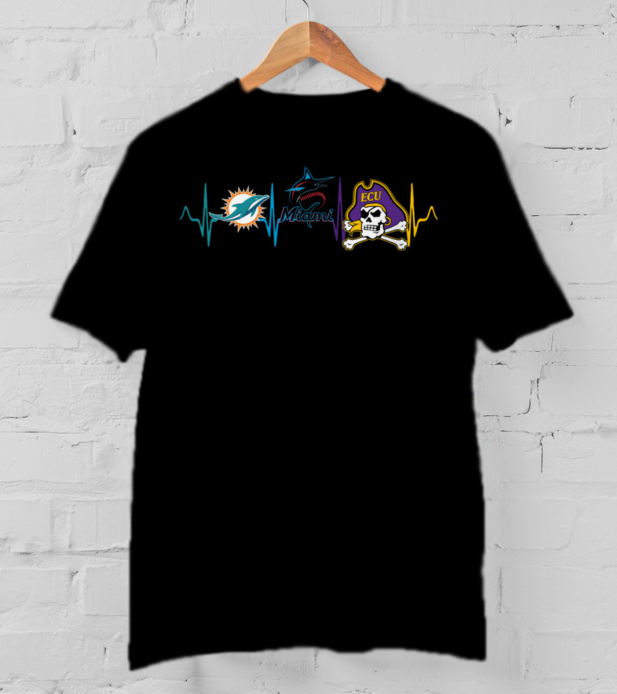 Miami Dolphins Miami Marlins Ecu Pirates Heartbeat T-Shirt