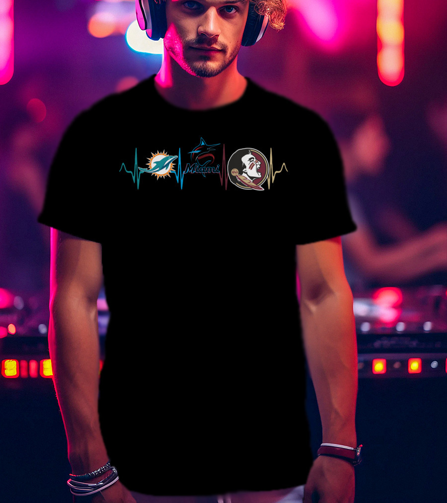 Miami Dolphins Marlins Florida State Seminoles Heartbeat T-Shirt
