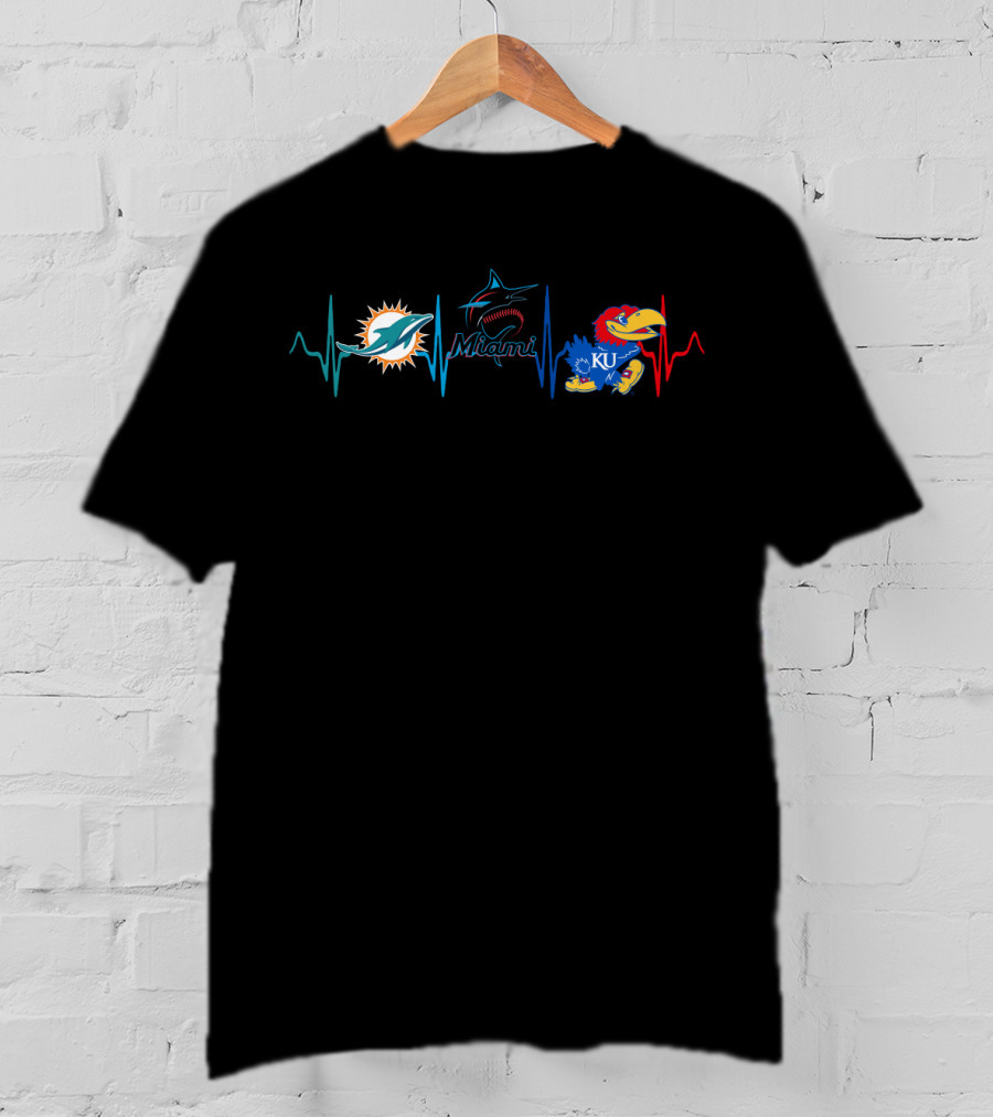 Miami Dolphins Miami Marlins Kansas Jayhawks Ku Heartbeat T-Shirt