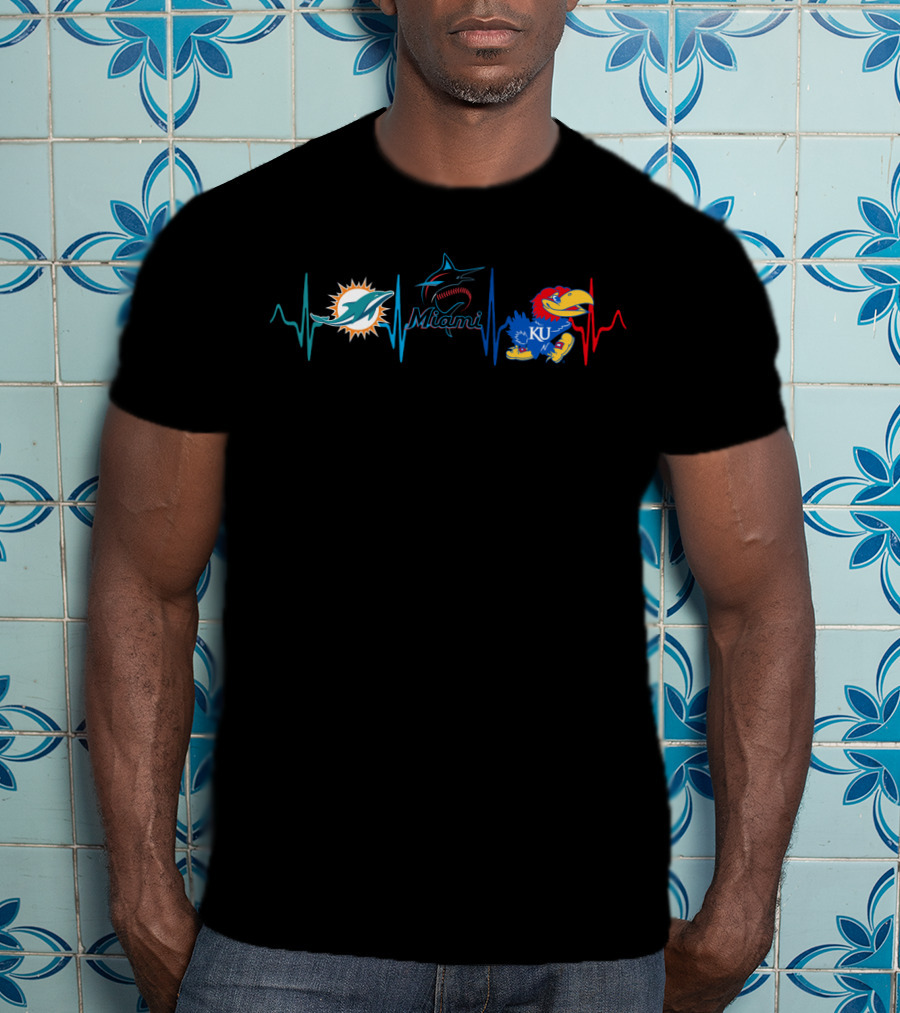 Miami Dolphins Miami Marlins Kansas Jayhawks Ku Heartbeat T-Shirt