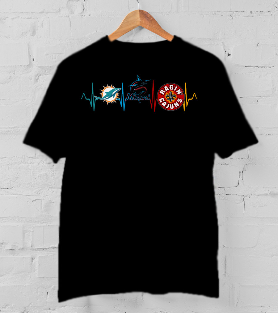 Miami Dolphins Miami Marlins Ragin Cajuns Heartbeat T-Shirt