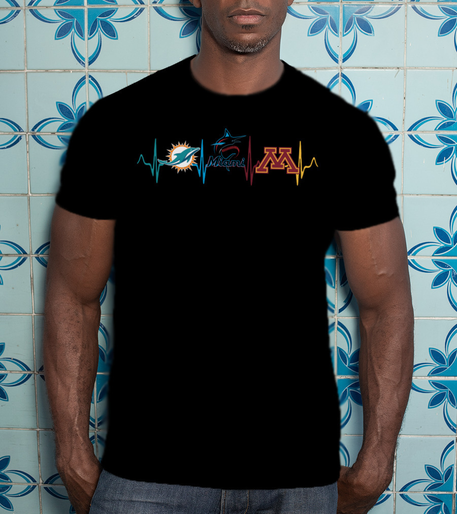 Miami Dolphins Marlins Minnesota Golden Gophers Logos With Heartbeat Line T-Shirt