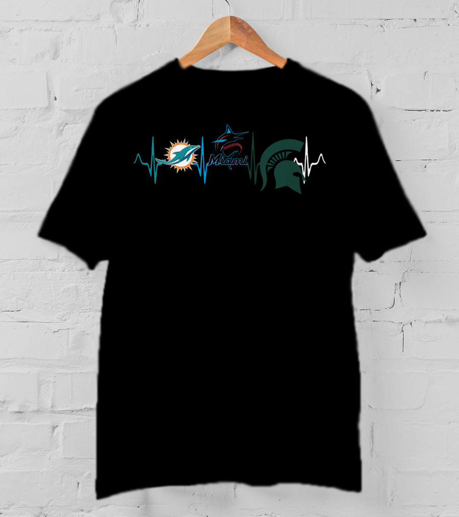 Miami Dolphins And Marlins With Michigan State Spartans Heartbeat T-Shirt