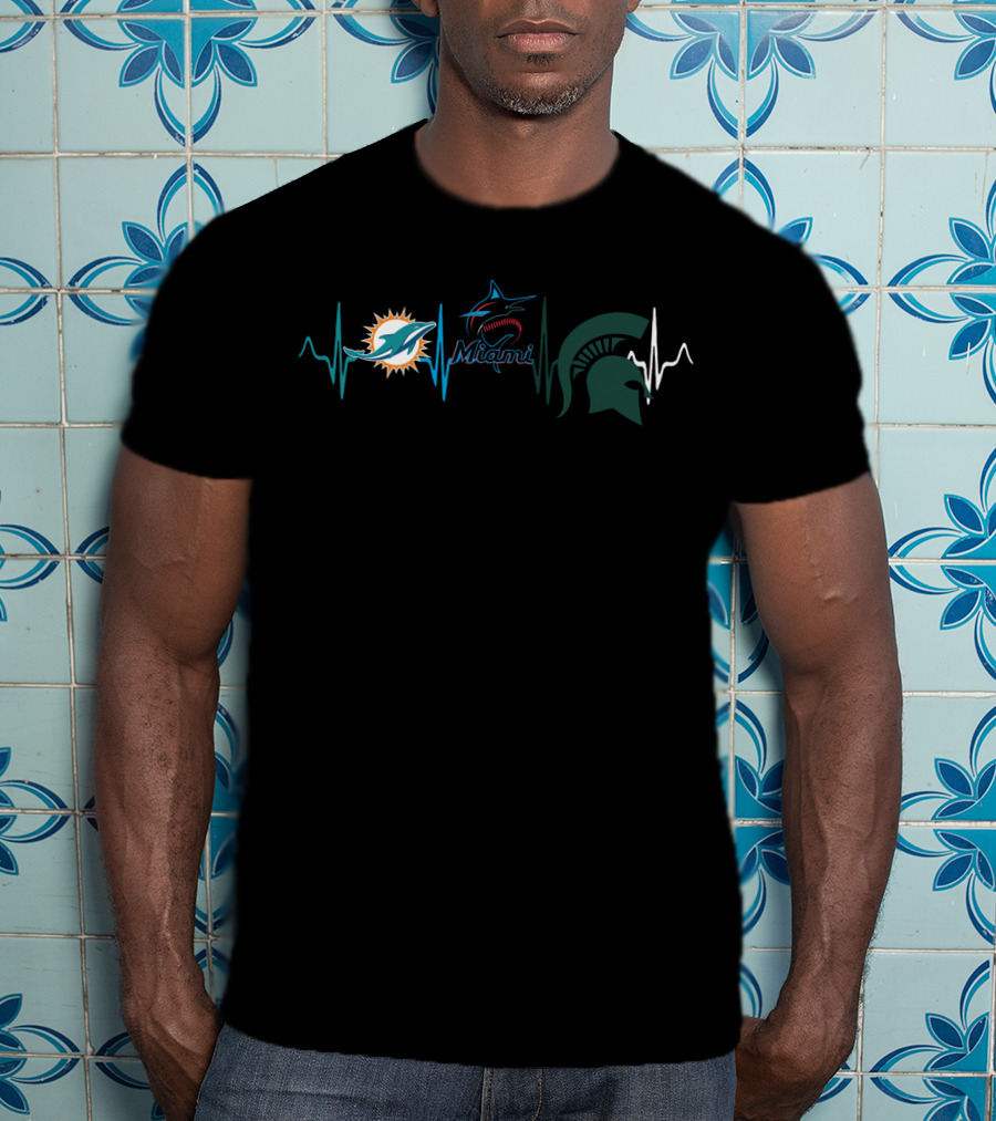 Miami Dolphins And Marlins With Michigan State Spartans Heartbeat T-Shirt