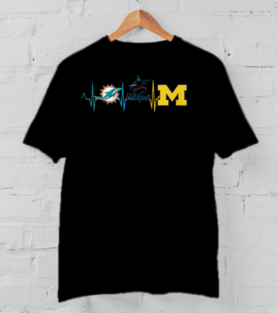 Miami Dolphins Marlins Michigan Wolverines Mw Heartbeat T-Shirt