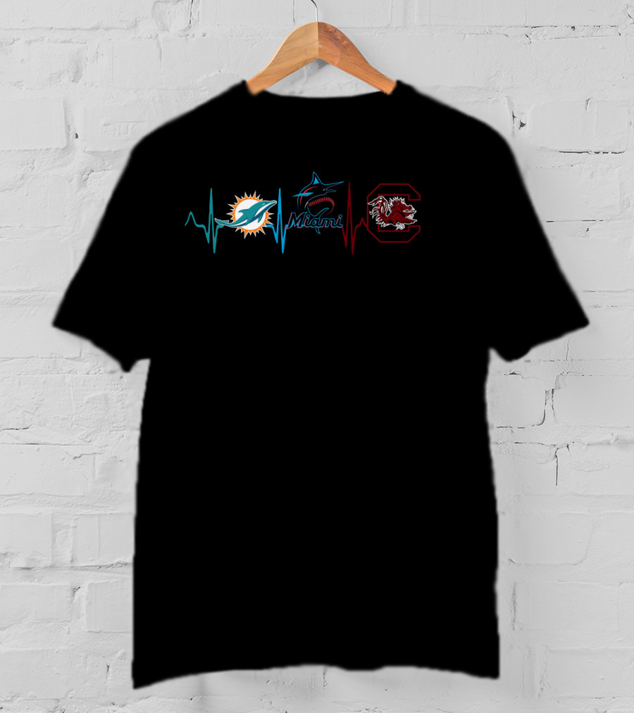 Miami Dolphins Marlins South Carolina Gamecocks Heartbeat T-Shirt