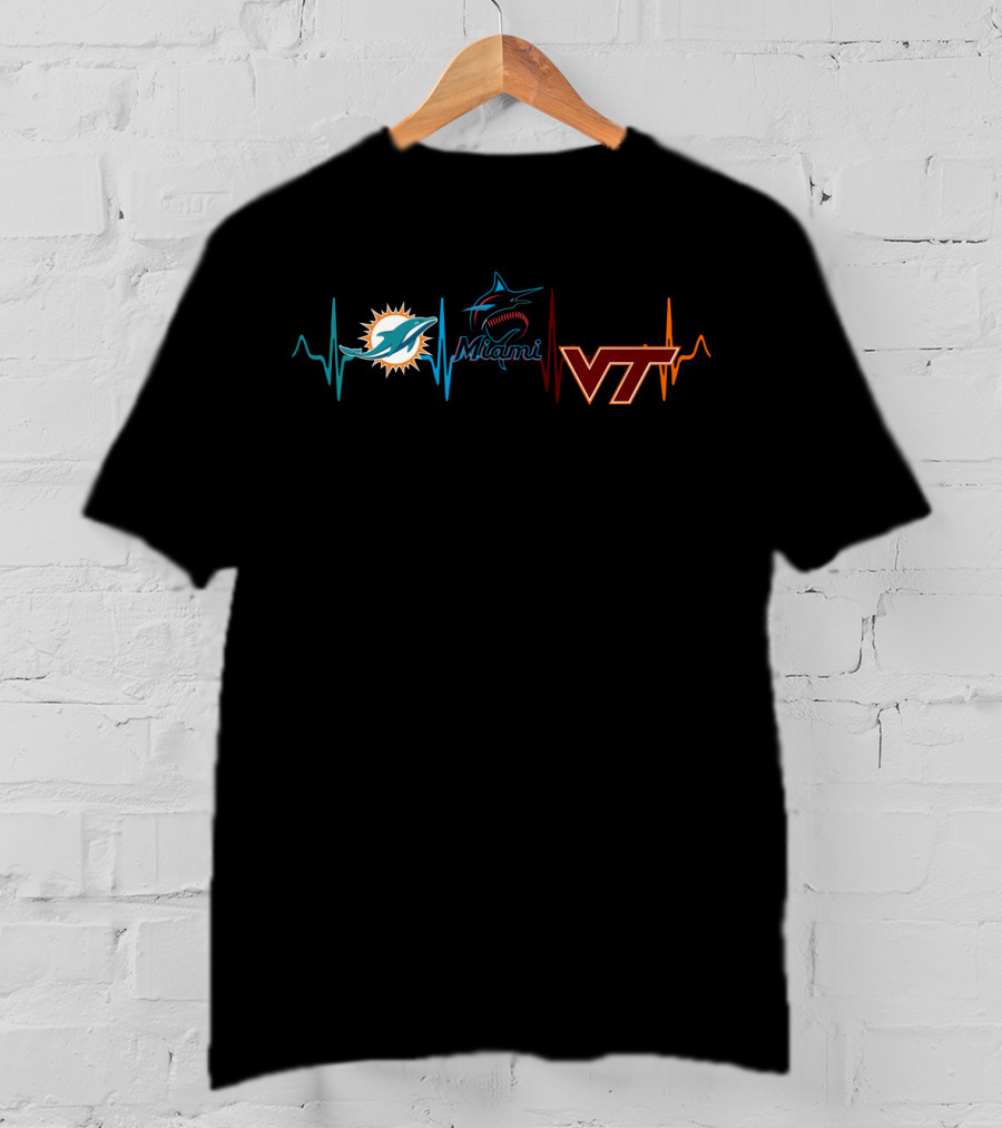 Miami Dolphins Miami Marlins Vt Hokies Heartbeat T-Shirt