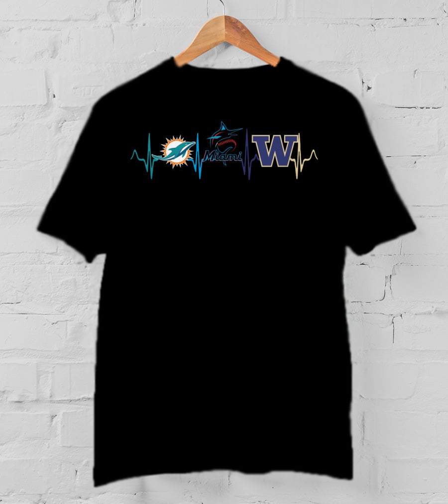 Miami Dolphins Miami Marlins Washington Huskies Heartbeat T-Shirt