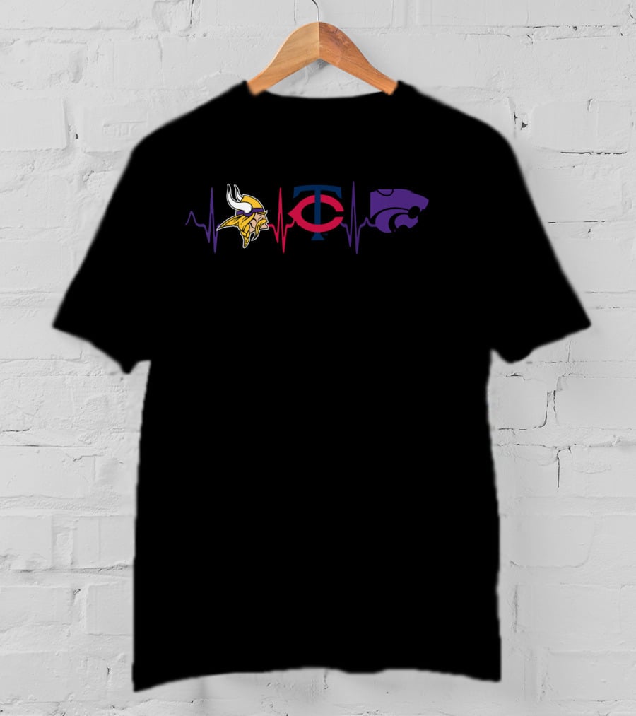 Love Vikings With Twins And Kansas State Wildcats Heartbeat T-Shirt