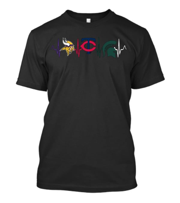 Minnesota Vikings Love Heartbeat With Minnesota Twins And Michigan State Spartans T-Shirt