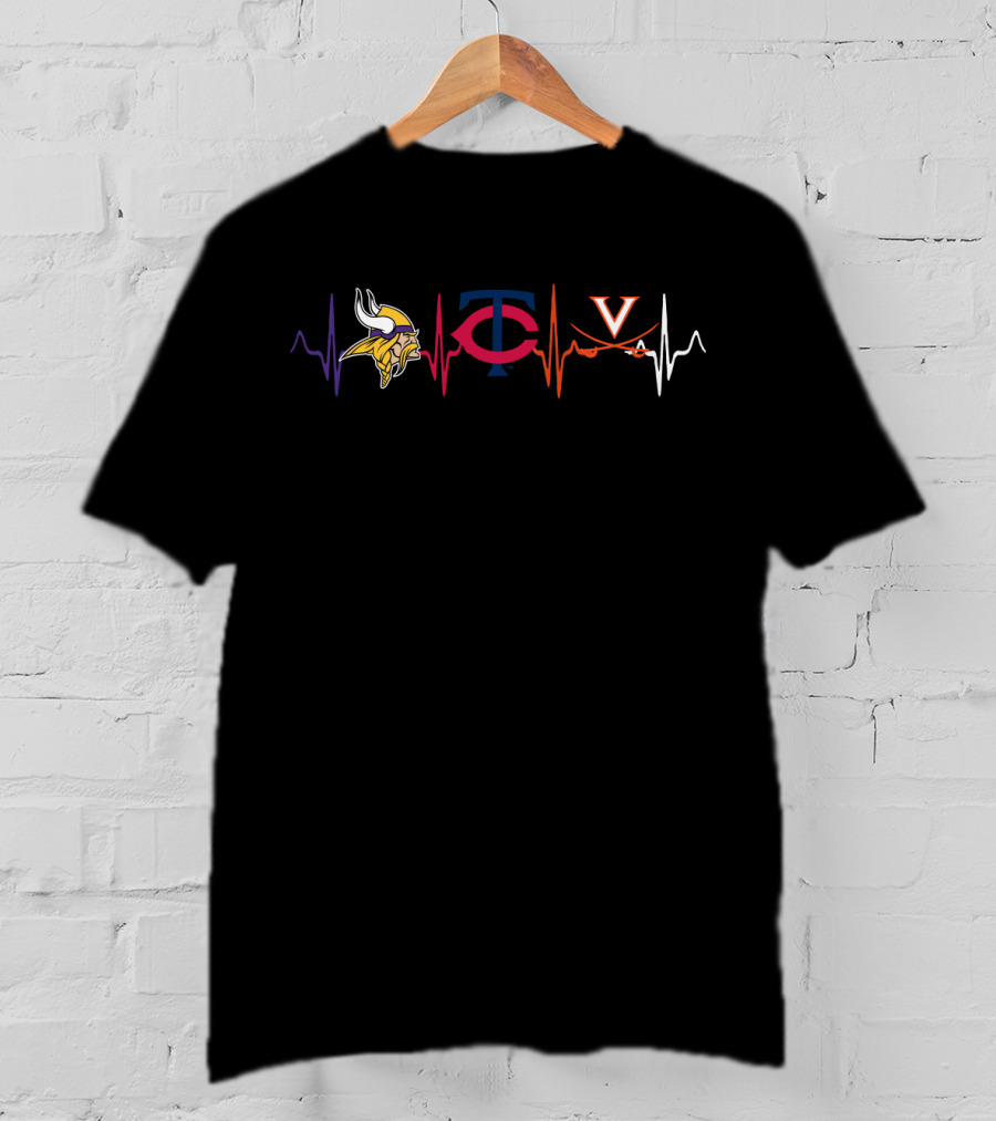Love Vikings Twins Virginia Cavaliers Heartbeat T-Shirt