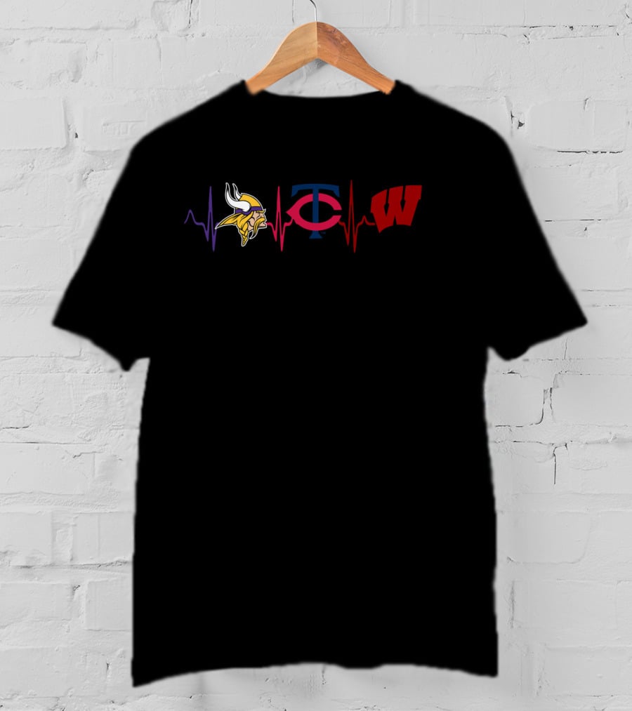 Love Vikings Minnesota Twins Wisconsin Badgers Heartbeat T-Shirt