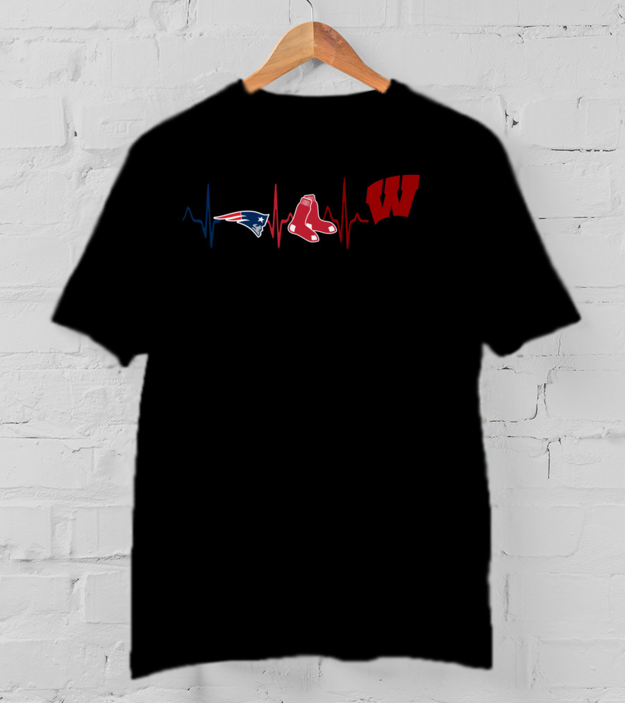 Love Patriots Red Sox Wisconsin Badgers Heartbeat Line T-Shirt