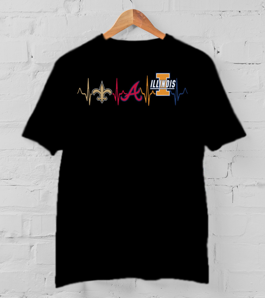 Love New Orleans Saints Atlanta Braves Illinois Fighting Illini Heartbeat T-Shirt