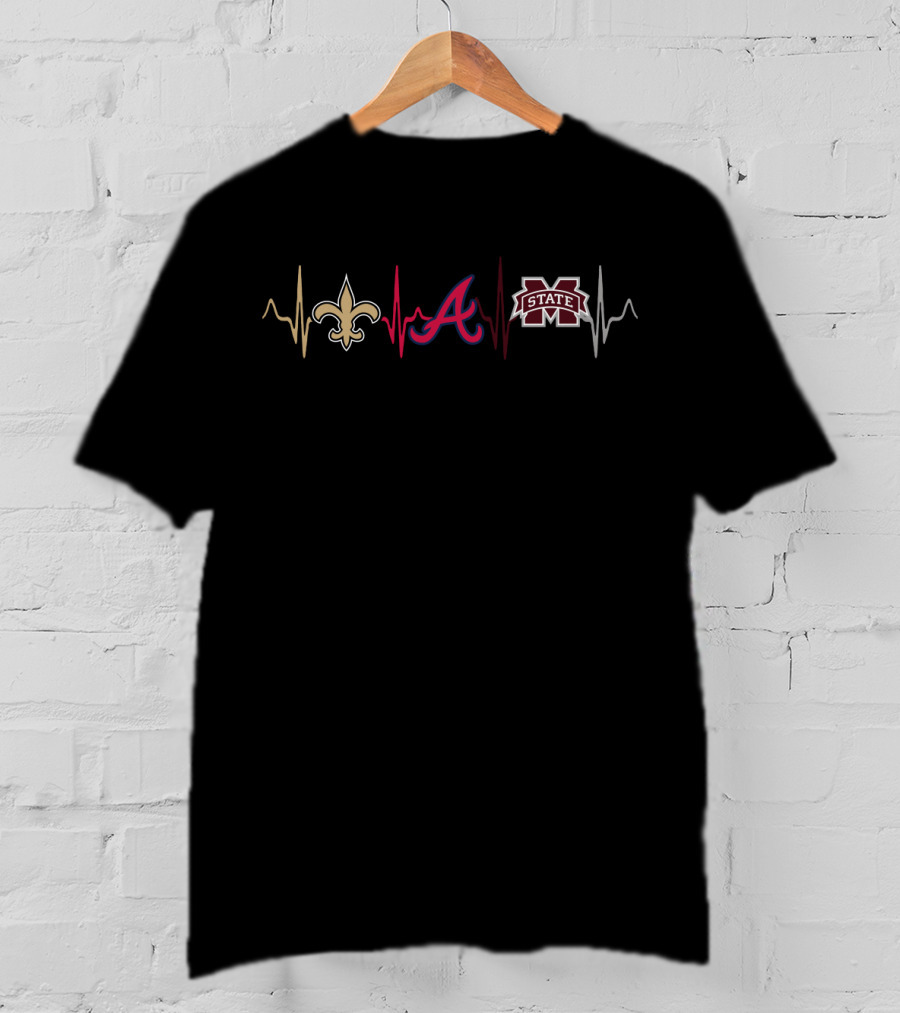 Love New Orleans Saints Atlanta Braves Mississippi State University Msb Heartbeat T-Shirt