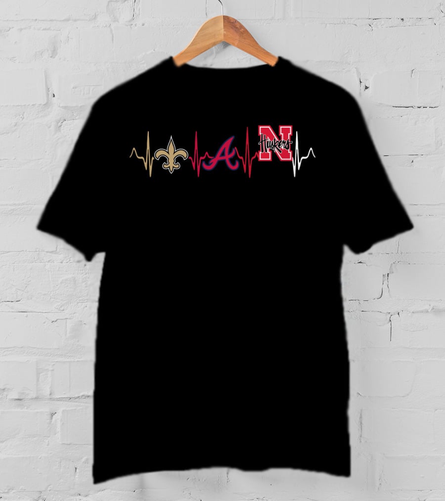 Love New Orleans Saints Atlanta Braves Nebraska Huskers Heartbeat T-Shirt