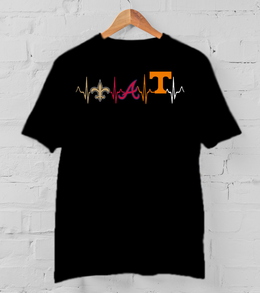 Love New Orleans Saints Atlanta Braves Tennessee Volunteers Heartbeat T-Shirt