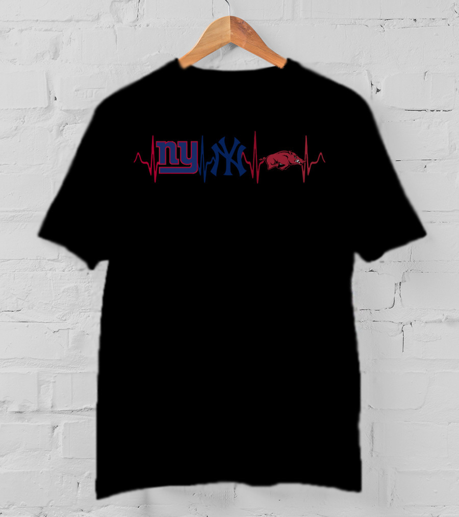 Ny Giants Yankees Arkansas Razorbacks Heartbeat T-Shirt