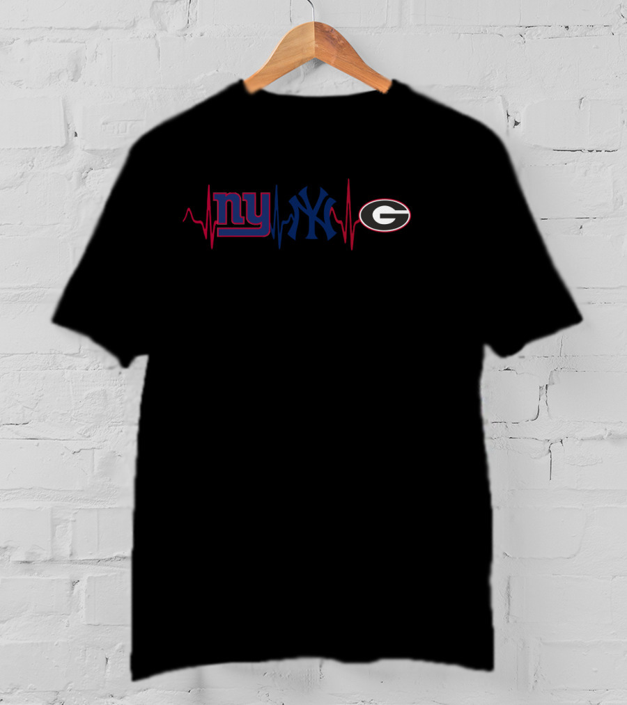 Giants Yankees Georgia Bulldogs Heartbeat Logos T-Shirt