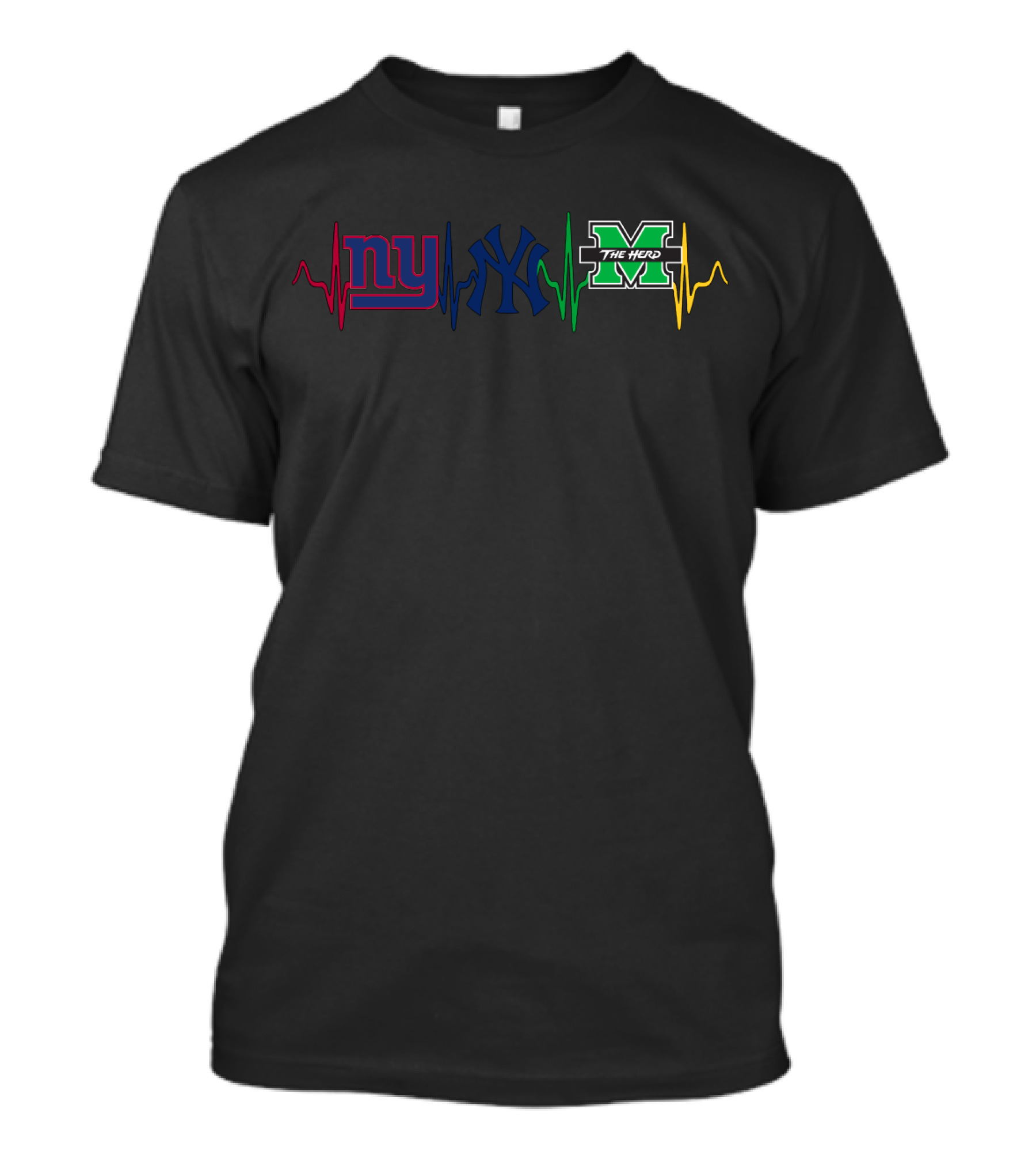 Ny Giants Yankees Marshall Thundering Herd Heartbeat T-Shirt
