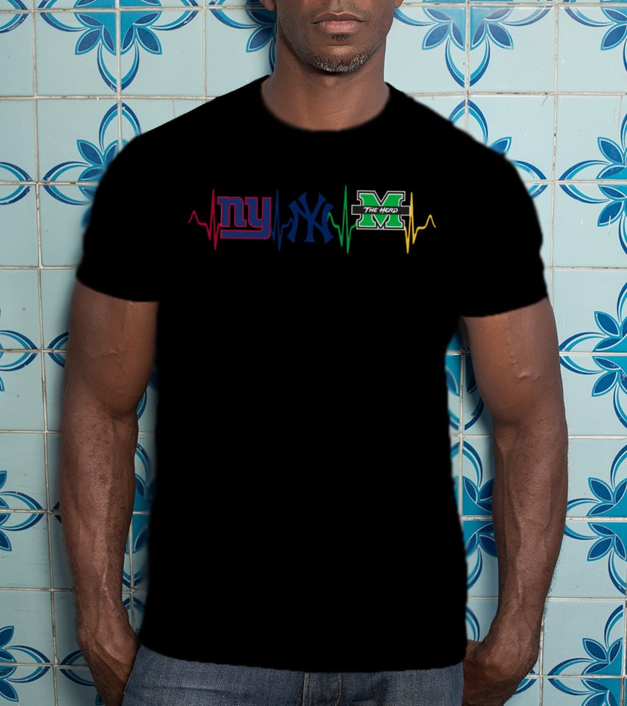 Ny Giants Yankees Marshall Thundering Herd Heartbeat T-Shirt