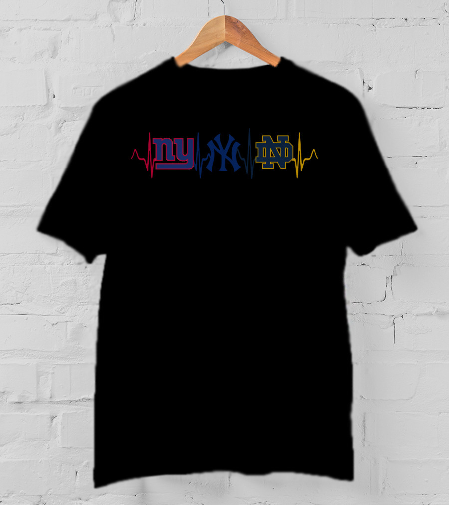 Love New York Giants Yankees Notre Dame Fighting Irish Heartbeat T-Shirt