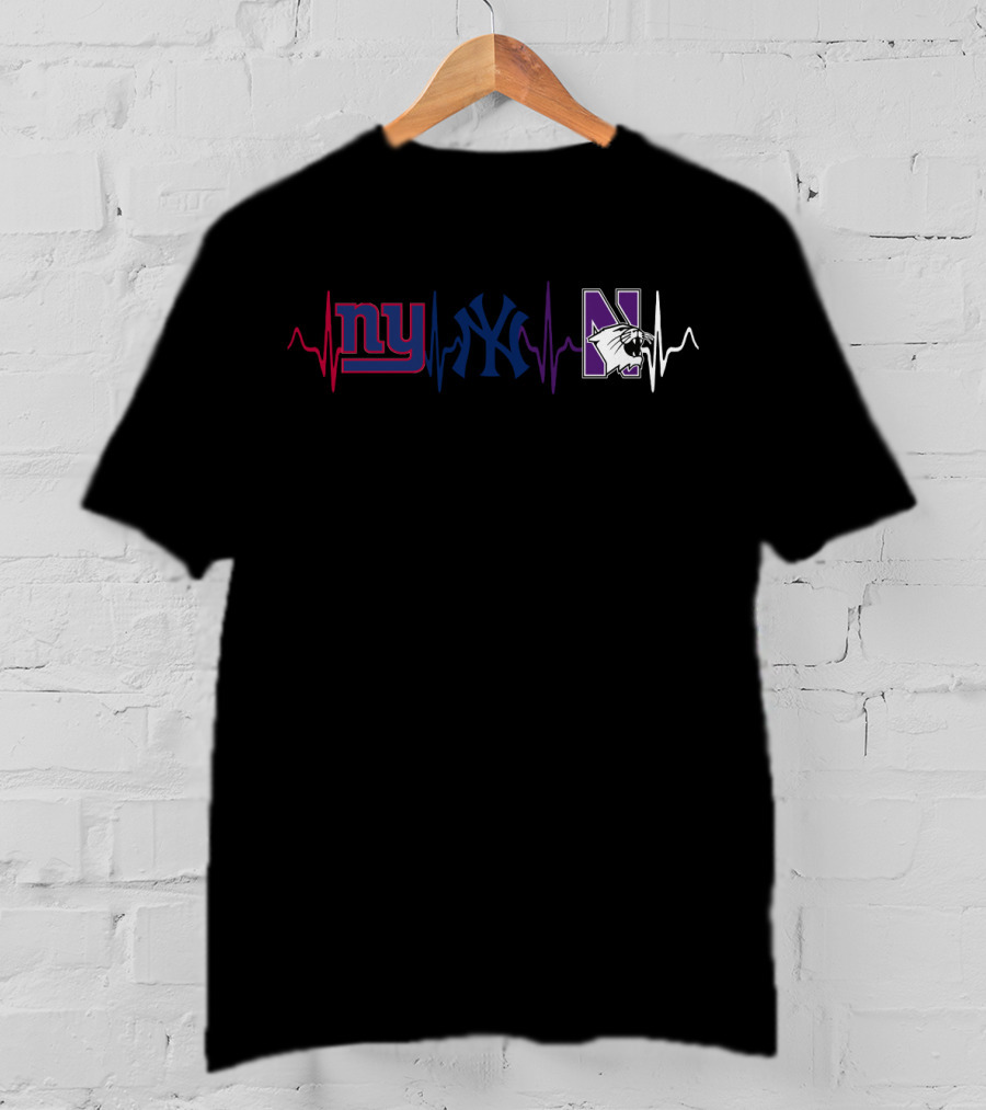 Ny Giants Yankees Northwestern Wildcats Heartbeat T-Shirt
