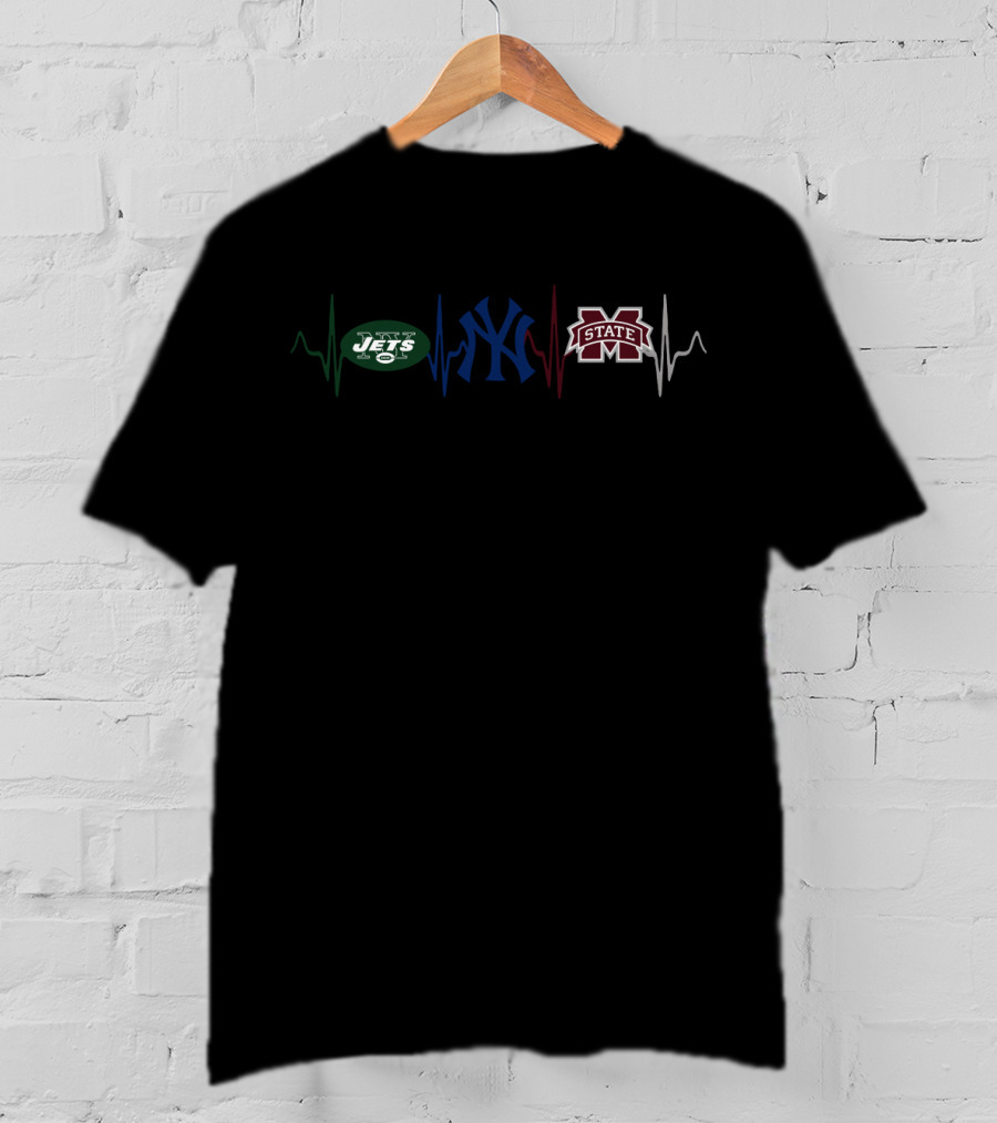Love Jets Yankees Mississippi State Logo Heartbeat T-Shirt