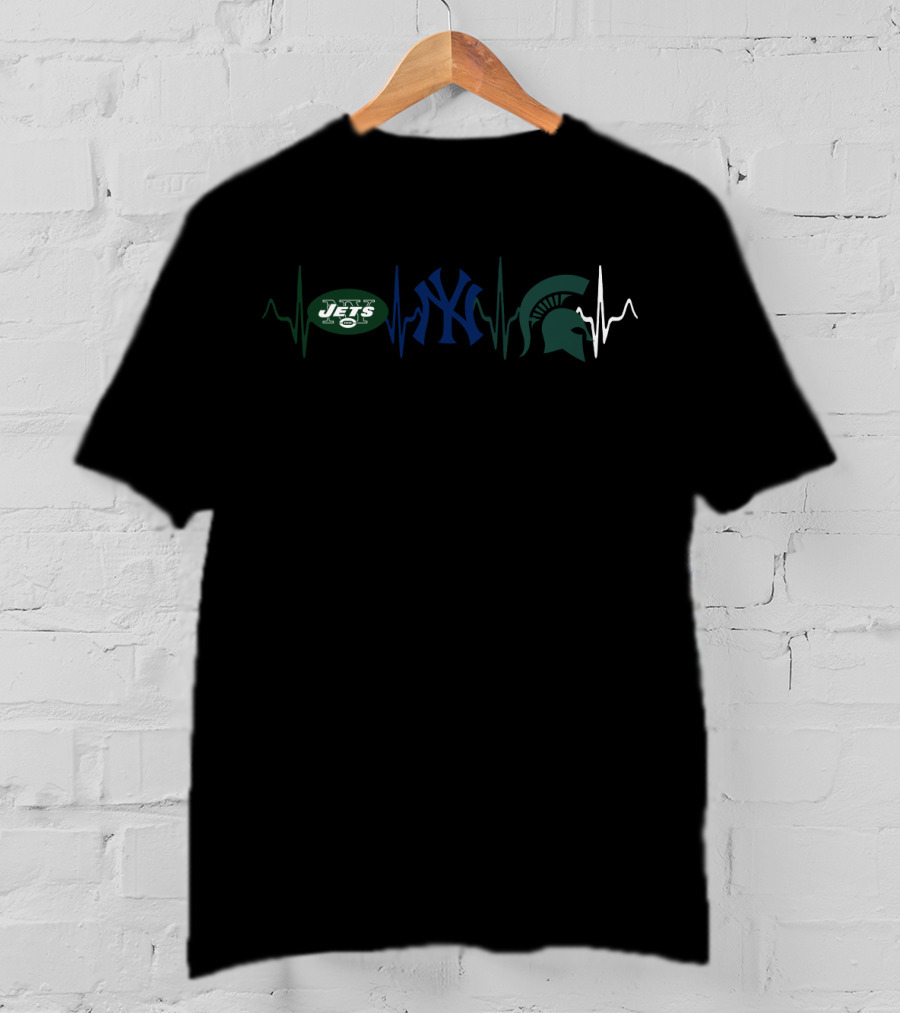 Love Jets Yankees Spartans Heartbeat T-Shirt