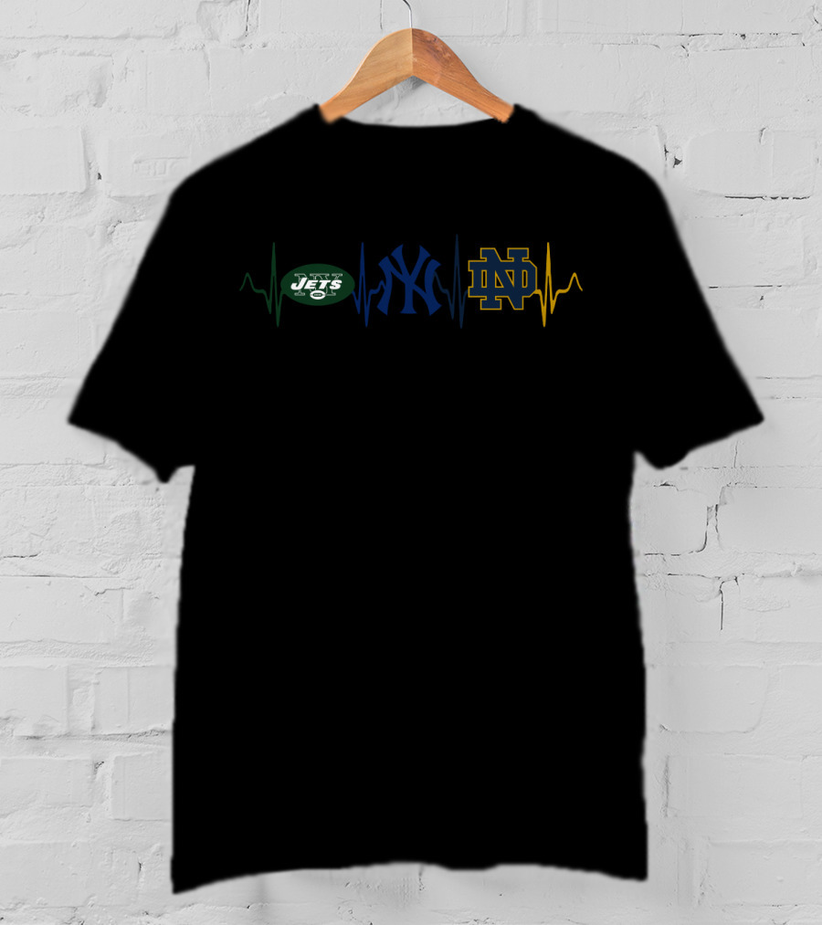 Love New York Jets Yankees Notre Dame Fighting Irish Heartbeat T-Shirt