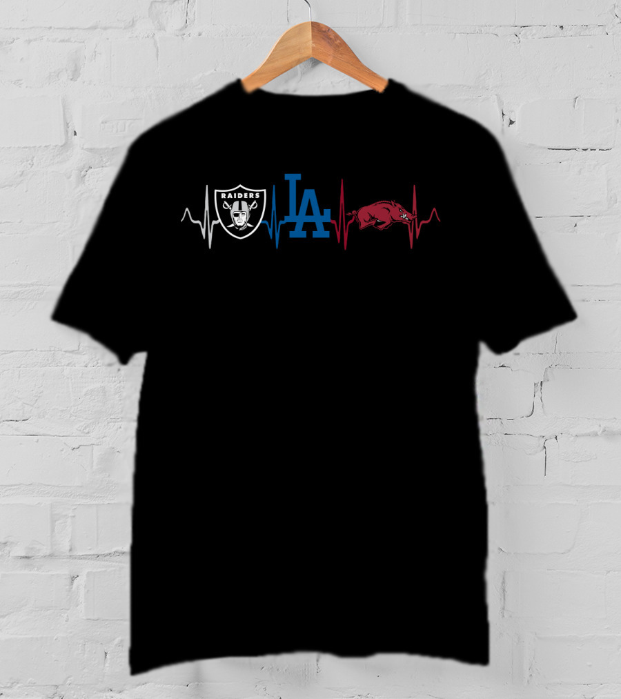 Raiders Dodgers Ar Heartbeat Iconic Logos T-Shirt