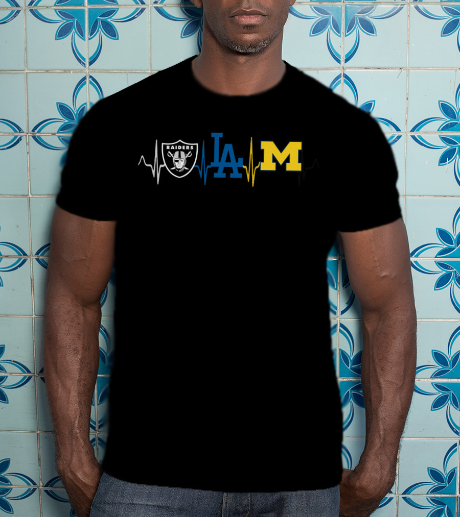 Raiders And Dodgers With Michigan Wolverine Heartbeat T-Shirt