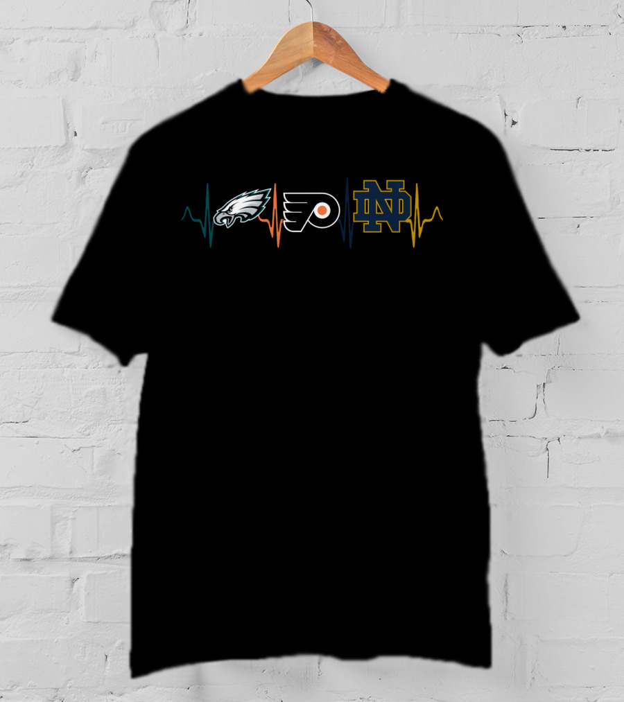 Philadelphia Eagles Flyers Notre Dame Fighting Irish Heartbeat T-Shirt