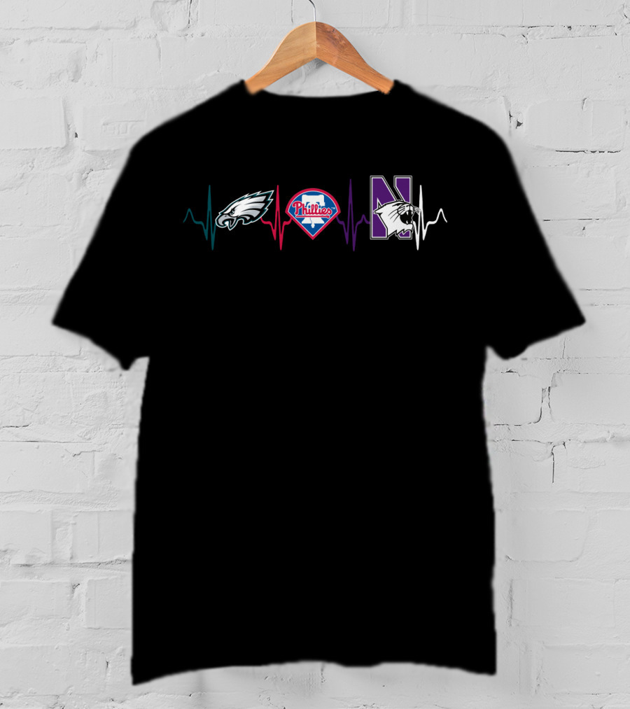 Eagles Phillies Northwestern Wildcats Heartbeat Fan Pride T-Shirt