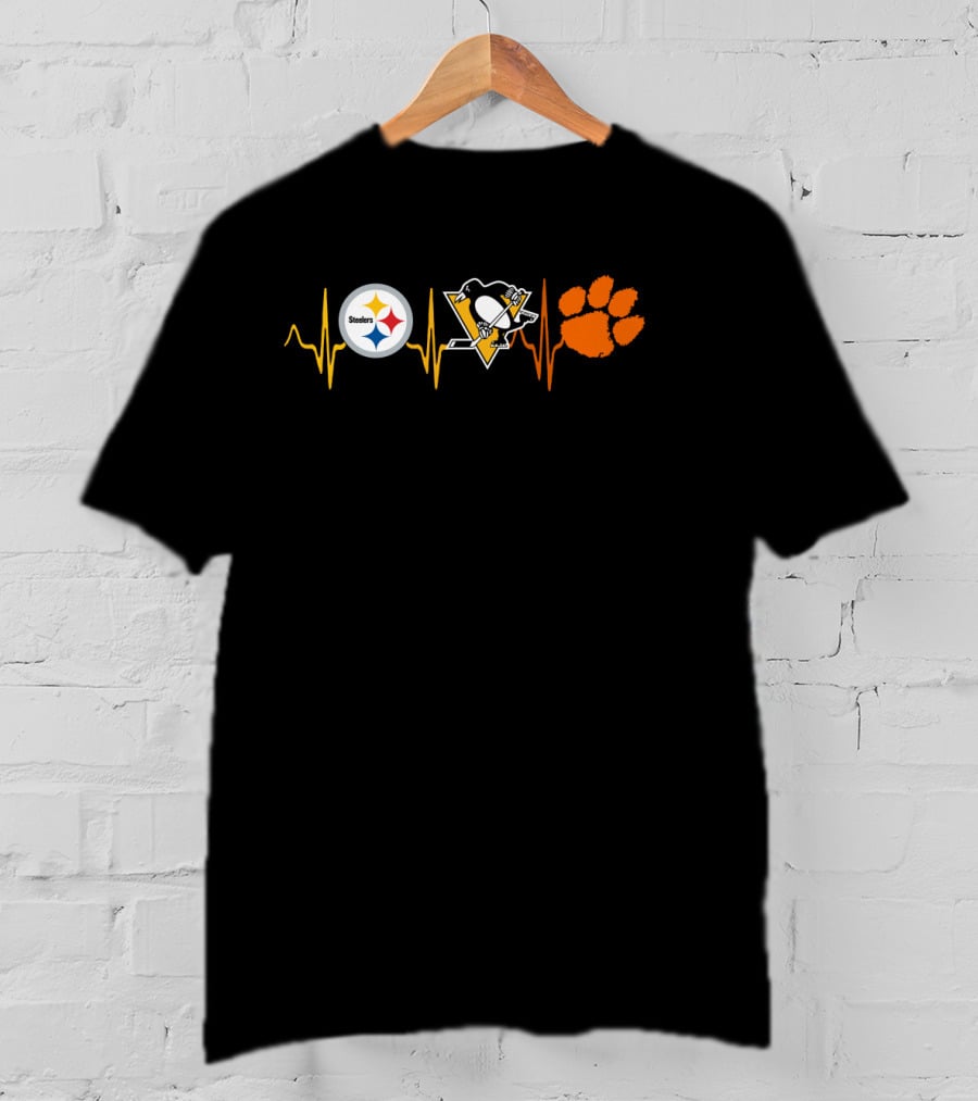 Steelers Penguins Heartbeat With Clemson Tigers Paw Print Ct T-Shirt
