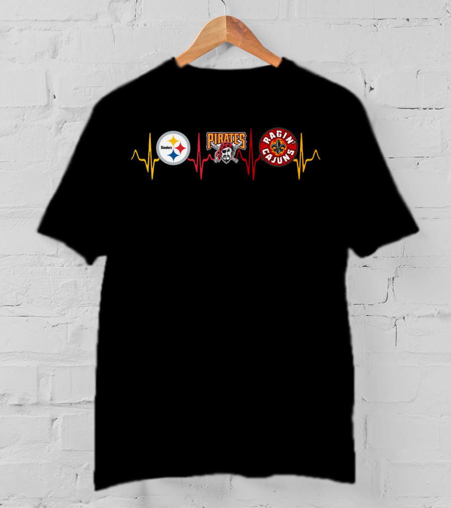Steelers Pirates Ragin Cajuns Heartbeat Logo Combination T-Shirt